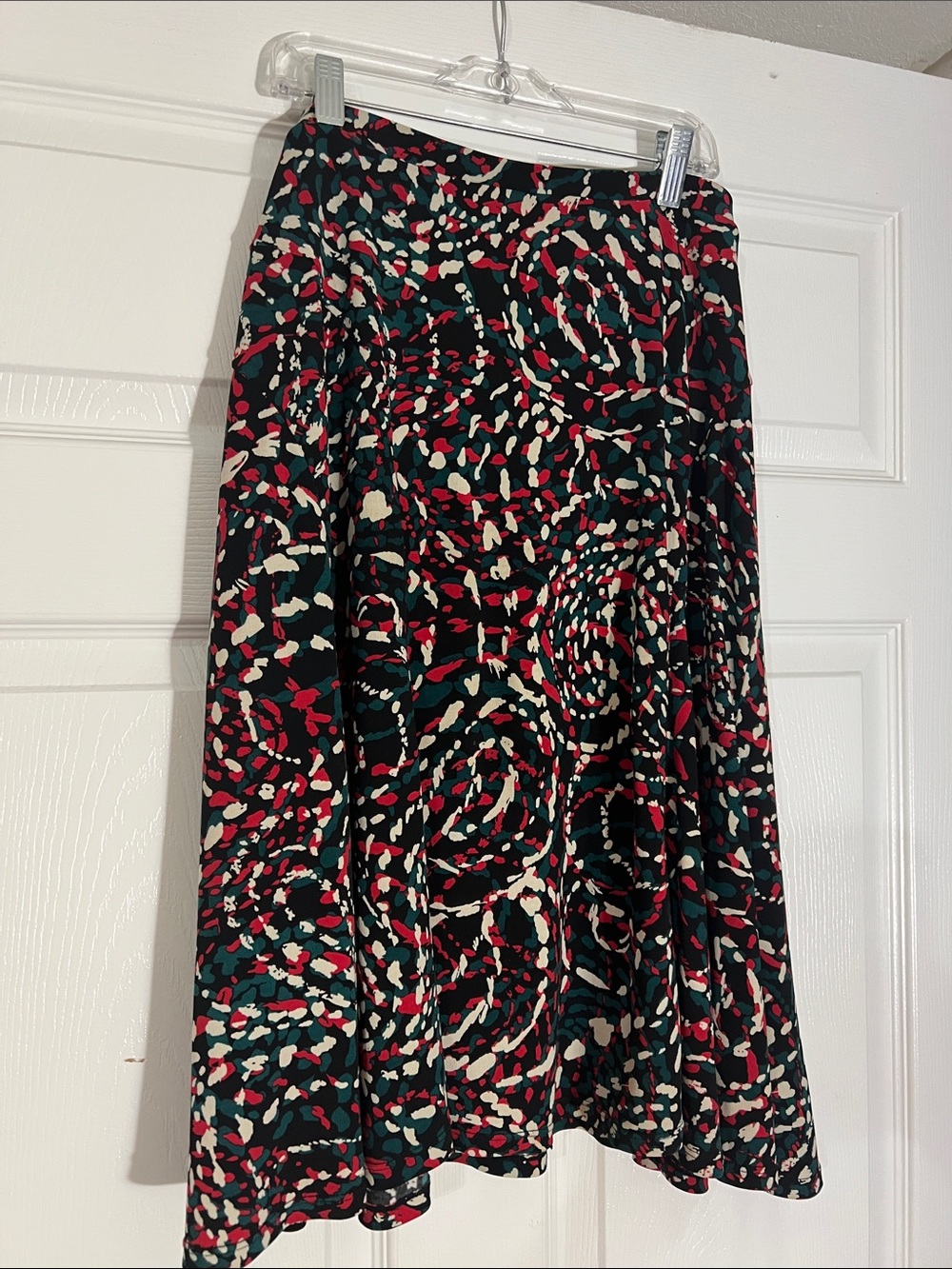 George Black A-Line Midi Skirt with Red, Teal & Cream Abstract Print